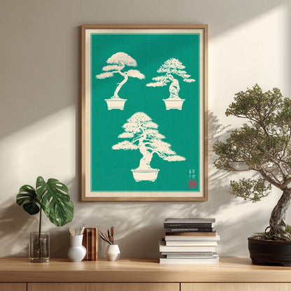 Bonsai Tree Print, Teal Japanese Wall Art Poster, Zen Botanical Decor