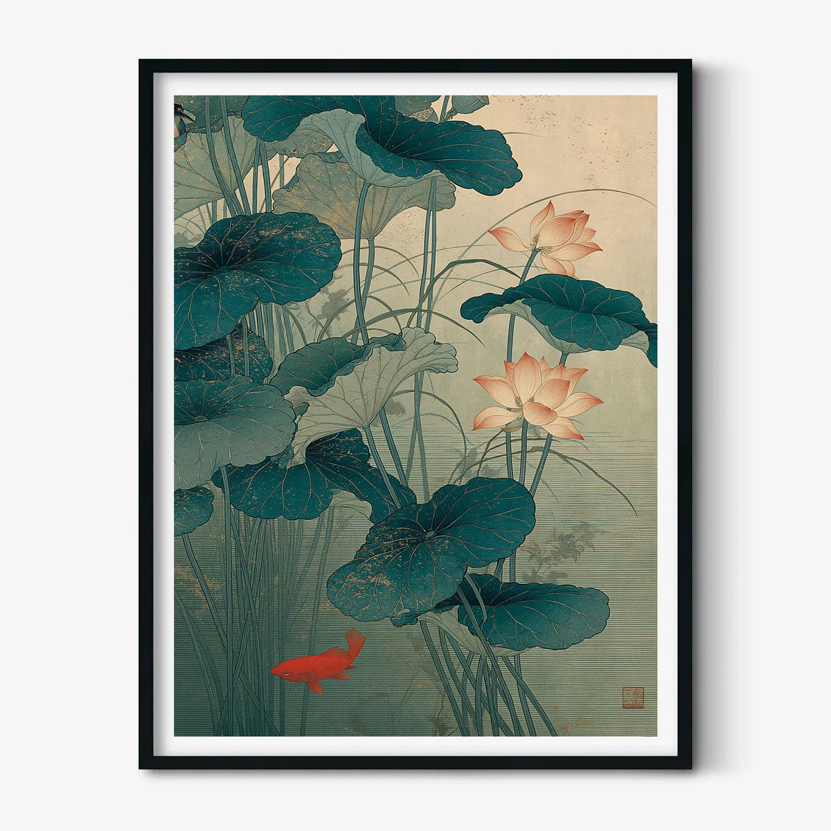 Lotus Flower Print, Japanese Pond Wall Art Poster, Koi Fish Botanical Decor