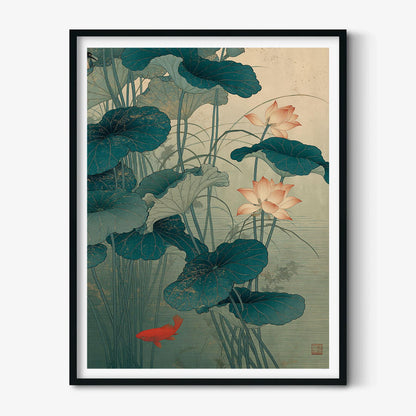 Lotus Flower Print, Japanese Pond Wall Art Poster, Koi Fish Botanical Decor