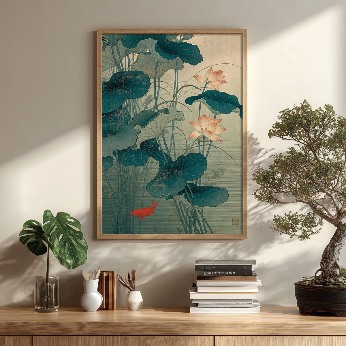 Lotus Flower Print, Japanese Pond Wall Art Poster, Koi Fish Botanical Decor