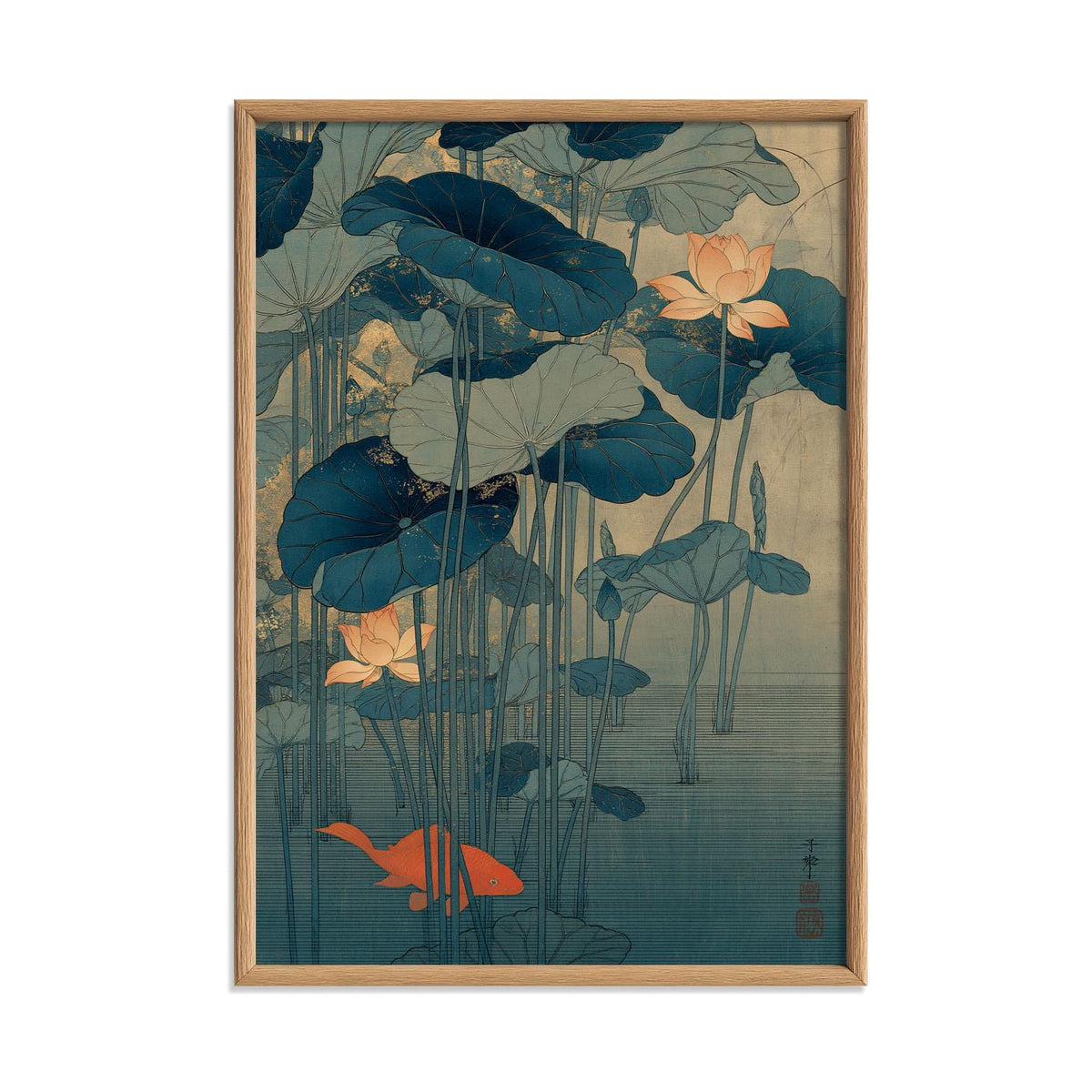 Lotus Koi Print, Japanese Pond Wall Art Poster, Zen Botanical Decor