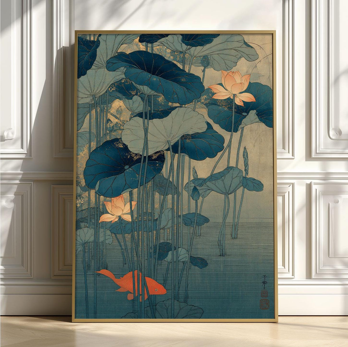 Lotus Koi Print, Japanese Pond Wall Art Poster, Zen Botanical Decor