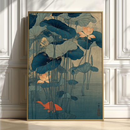 Lotus Koi Print, Japanese Pond Wall Art Poster, Zen Botanical Decor