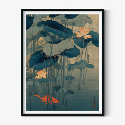 Lotus Koi Print, Japanese Pond Wall Art Poster, Zen Botanical Decor
