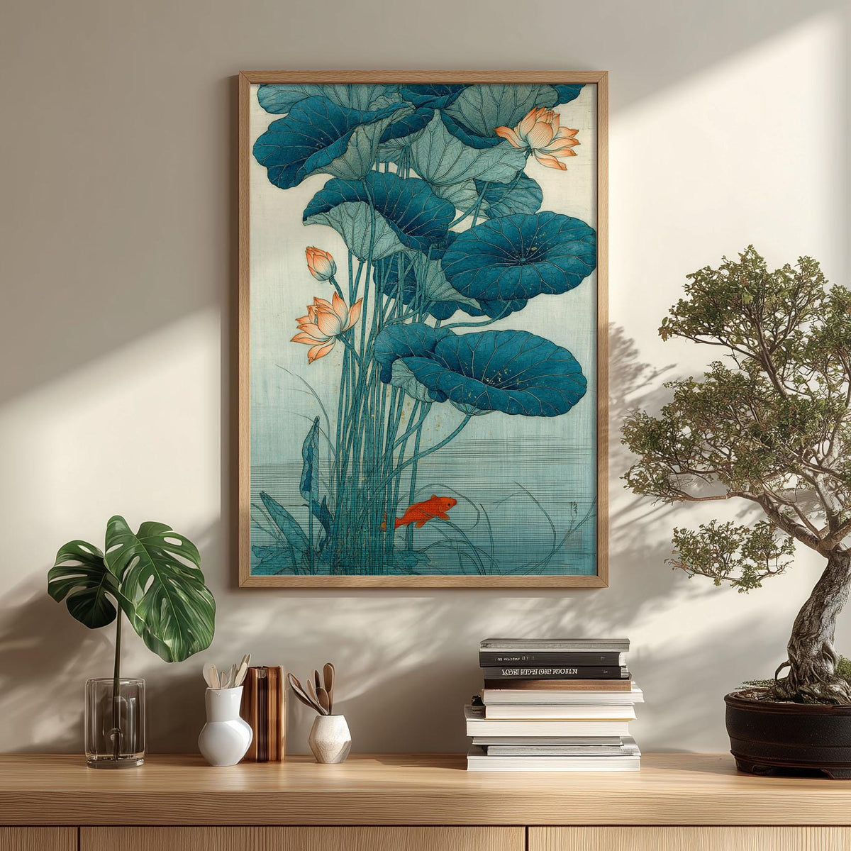 Lotus Pond Print, Japanese Koi Fish Wall Art Poster, Zen Floral Decor