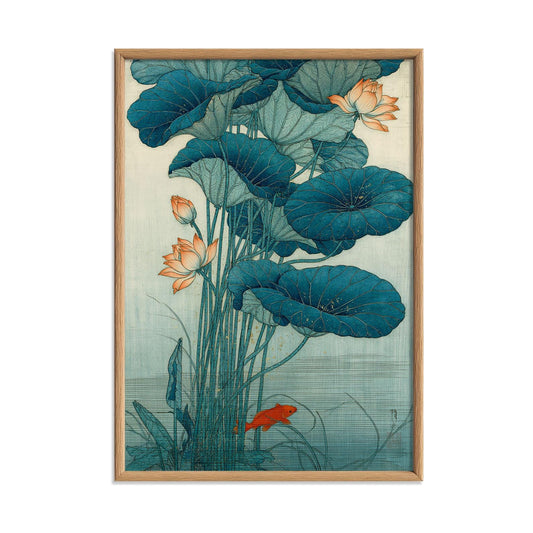Lotus Pond Print, Japanese Koi Fish Wall Art Poster, Zen Floral Decor