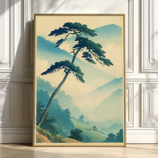 Japanese Pine Print, Misty Mountain Wall Art Poster, Zen Landscape Decor