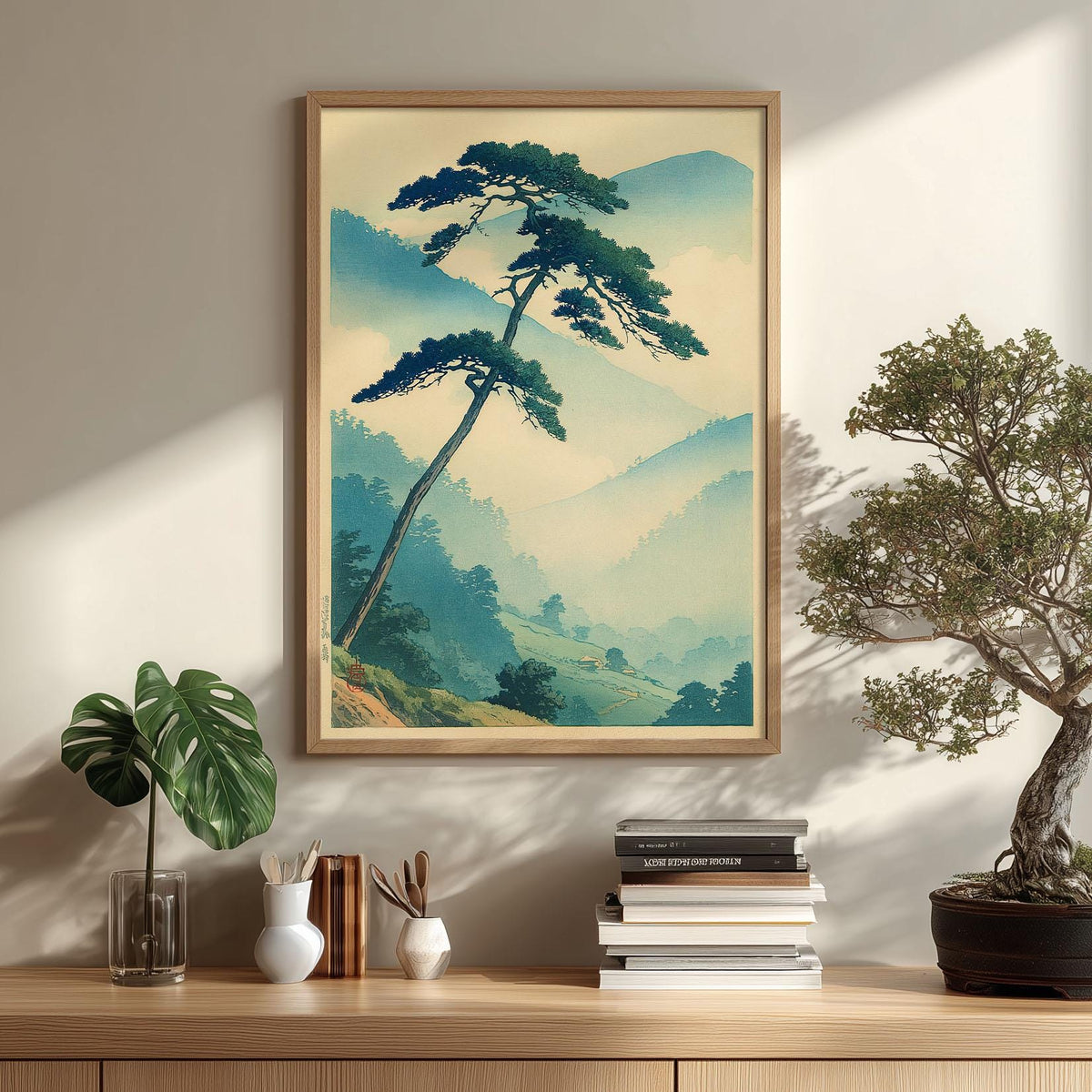 Japanese Pine Print, Misty Mountain Wall Art Poster, Zen Landscape Decor
