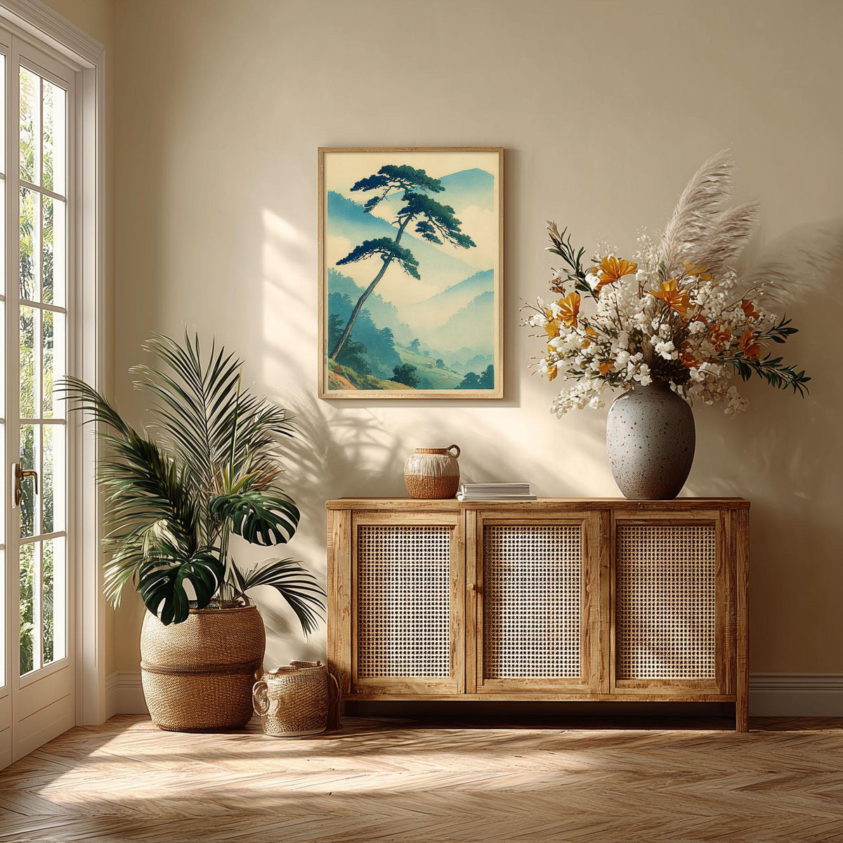 Japanese Pine Print, Misty Mountain Wall Art Poster, Zen Landscape Decor