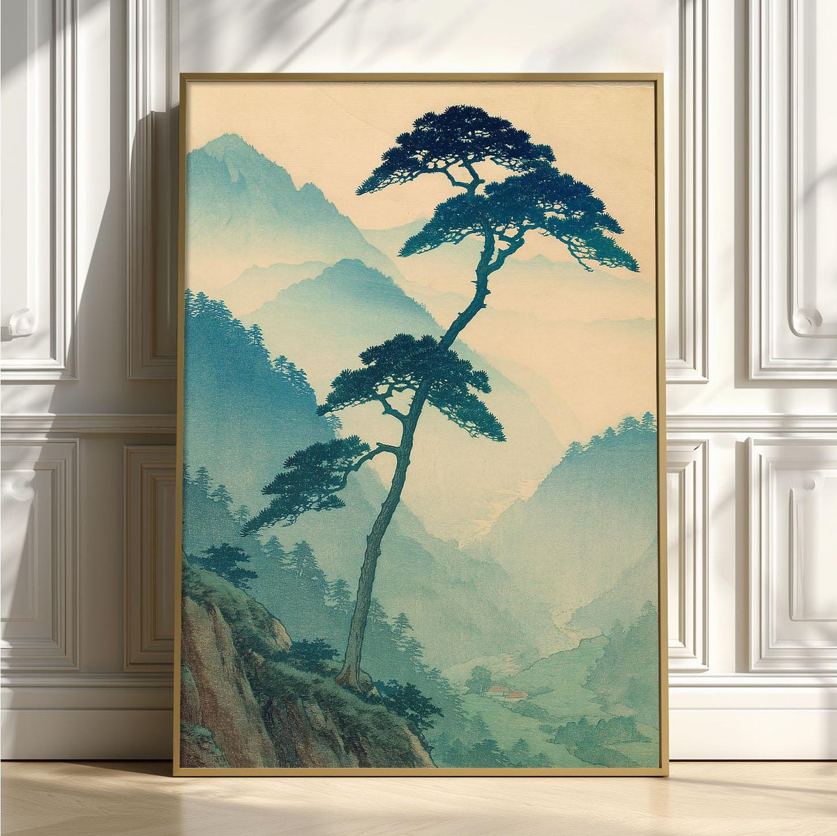 Japanese Pine Print, Misty Mountain Wall Art Poster, Zen Landscape Decor