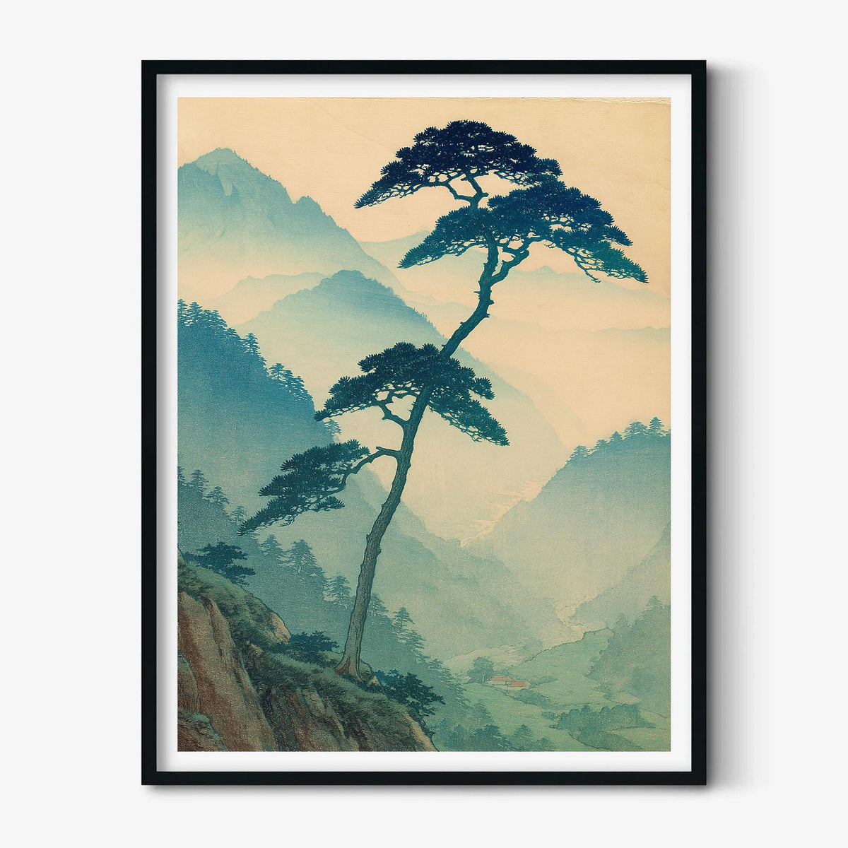 Japanese Pine Print, Misty Mountain Wall Art Poster, Zen Landscape Decor