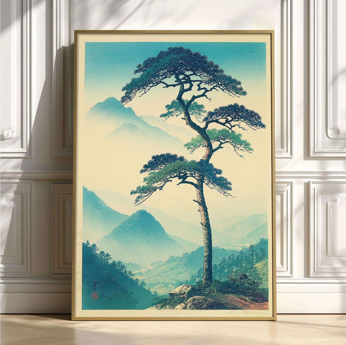 Lone Pine Tree Print, Japanese Mountain Wall Art Poster, Calm Zen Landscape Decor