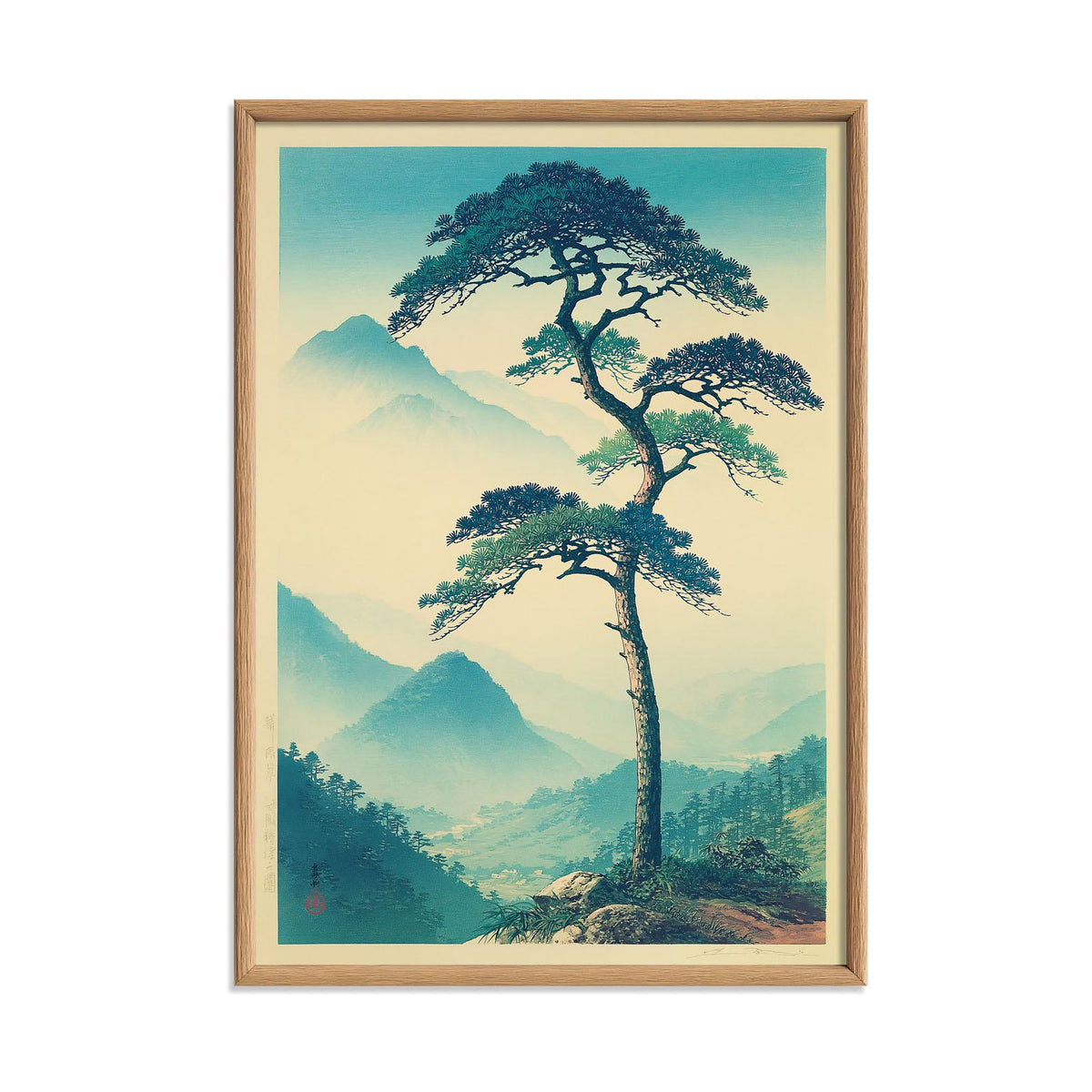 Lone Pine Tree Print, Japanese Mountain Wall Art Poster, Calm Zen Landscape Decor