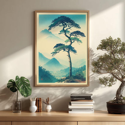 Lone Pine Tree Print, Japanese Mountain Wall Art Poster, Calm Zen Landscape Decor