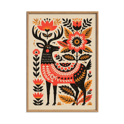 Folk Deer Print, Scandinavian Floral Wall Art Poster, Rustic Woodland Decor