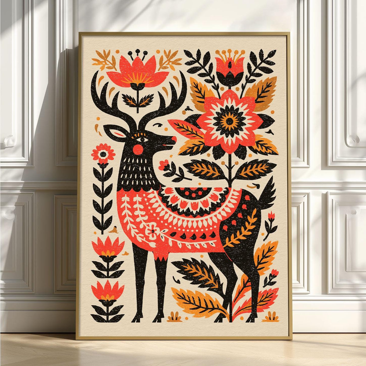 Folk Deer Print, Scandinavian Floral Wall Art Poster, Rustic Woodland Decor