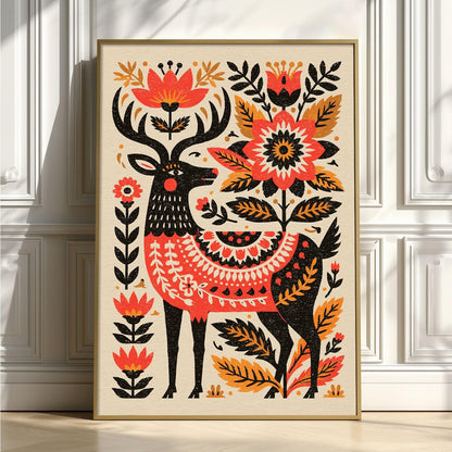 Folk Deer Print, Scandinavian Floral Wall Art Poster, Rustic Woodland Decor