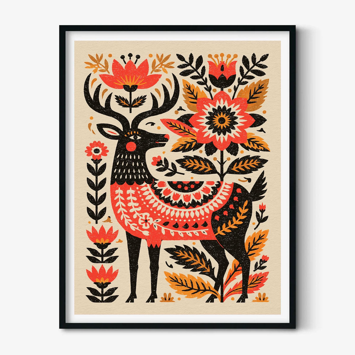 Folk Deer Print, Scandinavian Floral Wall Art Poster, Rustic Woodland Decor