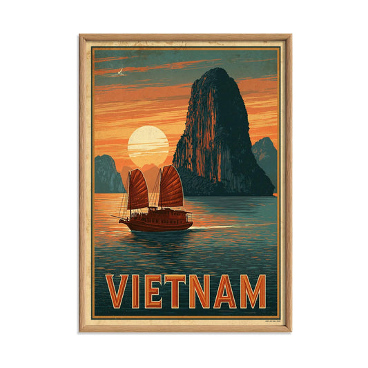 Vietnam Travel Poster, Vintage Asian Landscape Wall Art Print, Sunset Boat Decor