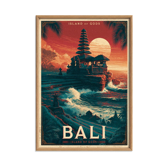 Bali Travel Poster, Vintage Island Wall Art Print, Tropical Temple Sunset Decor