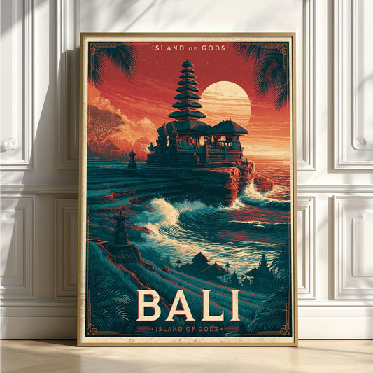 Bali Travel Poster, Vintage Island Wall Art Print, Tropical Temple Sunset Decor