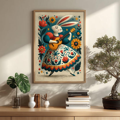Rabbit Guitar Print, Folk Floral Wall Art Poster, Whimsical Nursery Decor