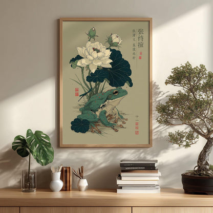 Lotus Frog Print, Japanese Botanical Wall Art Poster, Zen Animal Decor
