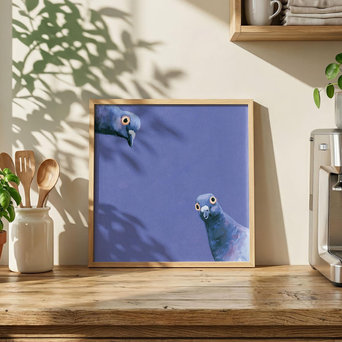 Funny Pigeon Print, Curious Blue Pigeons Wall Art, Quirky Square Bird Poster