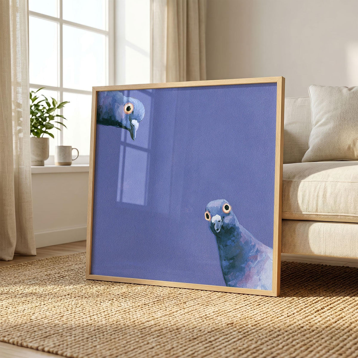 Funny Pigeon Print, Curious Blue Pigeons Wall Art, Quirky Square Bird Poster