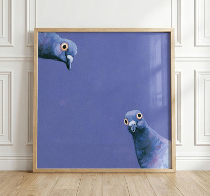 Funny Pigeon Print, Curious Blue Pigeons Wall Art, Quirky Square Bird Poster