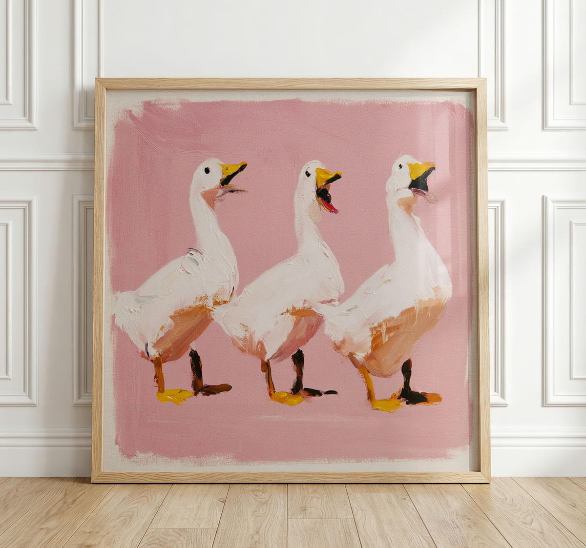 Dancing Ducks Print, Funny Duck Wall Art, Pink Quirky Animal Poster for Eclectic Decor