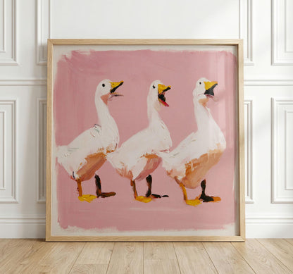 Dancing Ducks Print, Funny Duck Wall Art, Pink Quirky Animal Poster for Eclectic Decor