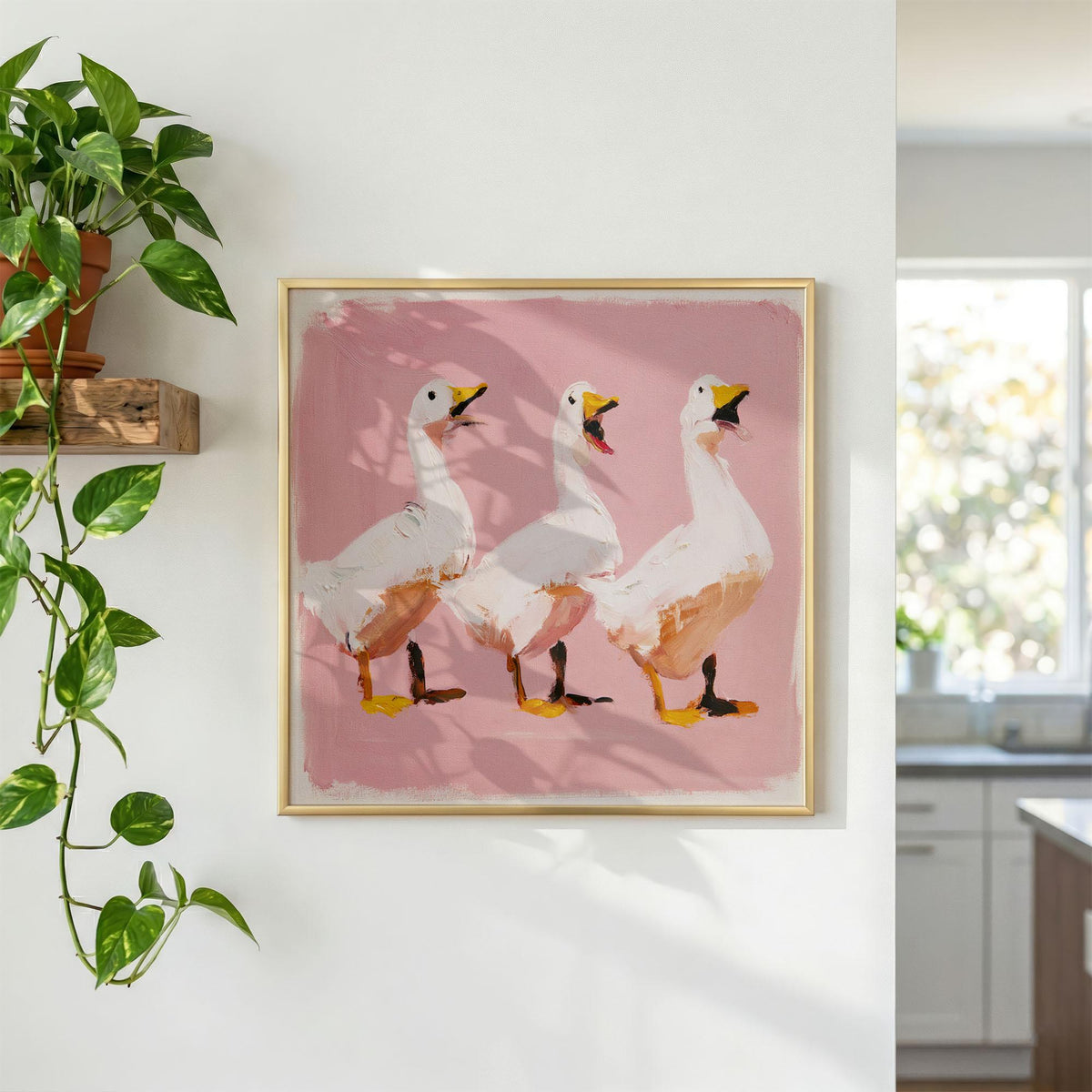 Dancing Ducks Print, Funny Duck Wall Art, Pink Quirky Animal Poster for Eclectic Decor