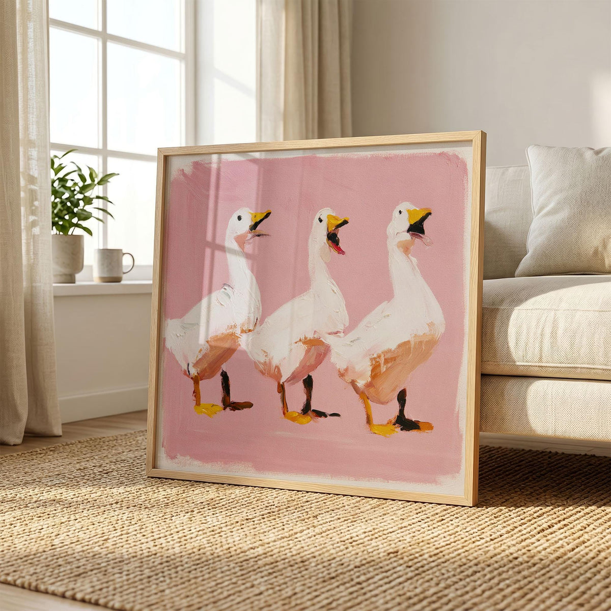 Dancing Ducks Print, Funny Duck Wall Art, Pink Quirky Animal Poster for Eclectic Decor