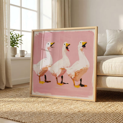 Dancing Ducks Print, Funny Duck Wall Art, Pink Quirky Animal Poster for Eclectic Decor