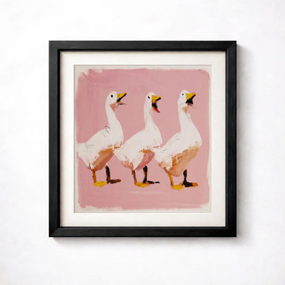 Dancing Ducks Print, Funny Duck Wall Art, Pink Quirky Animal Poster for Eclectic Decor