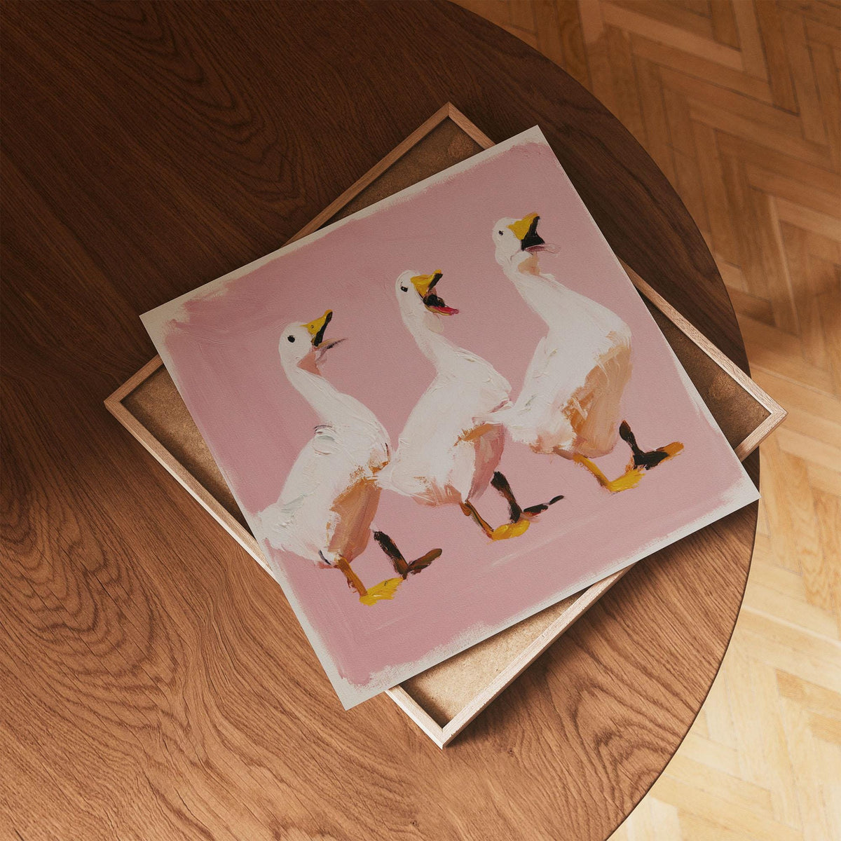 Dancing Ducks Print, Funny Duck Wall Art, Pink Quirky Animal Poster for Eclectic Decor