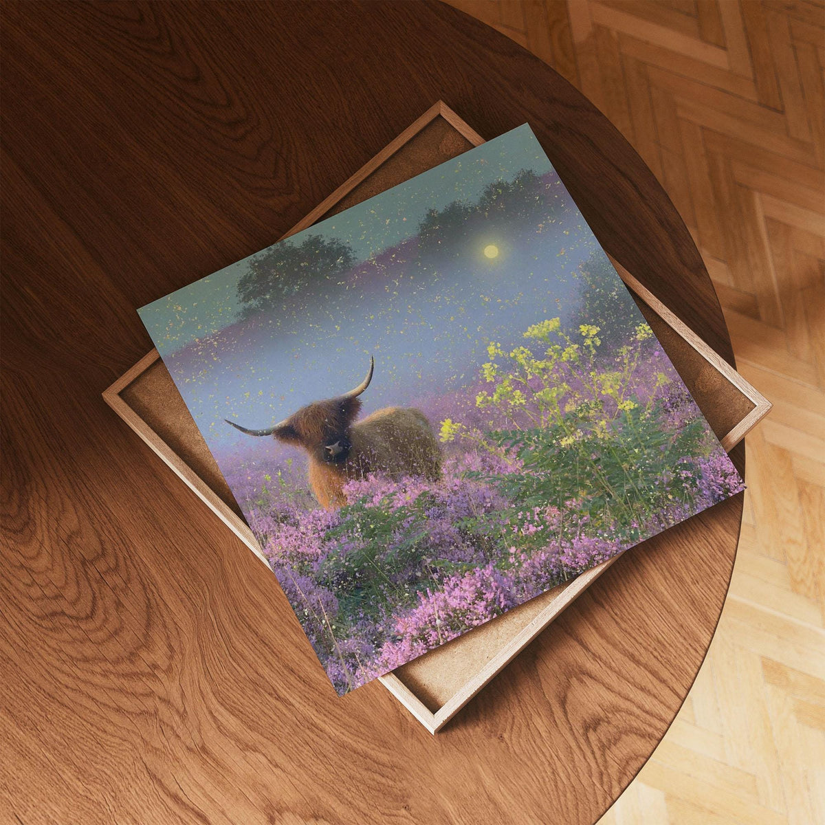 Highland Cow Print, Purple Heather Wall Art, Misty Wildflower Landscape