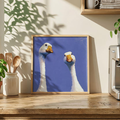 Curious Geese Print, Funny Goose Wall Art, Quirky Blue Bird Poster