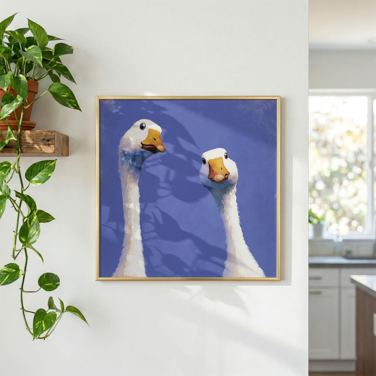 Curious Geese Print, Funny Goose Wall Art, Quirky Blue Bird Poster