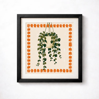 Hanging Plant Print, Retro Botanical Wall Art, Orange and Green Houseplant Poster