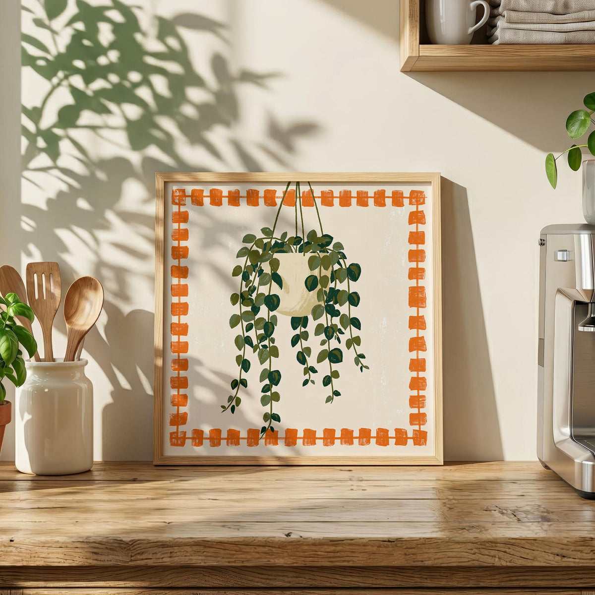 Hanging Plant Print, Retro Botanical Wall Art, Orange and Green Houseplant Poster