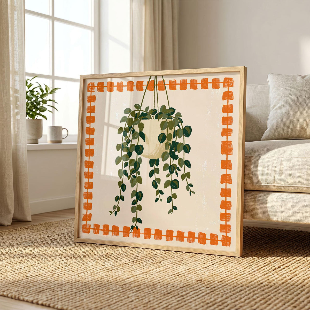 Hanging Plant Print, Retro Botanical Wall Art, Orange and Green Houseplant Poster