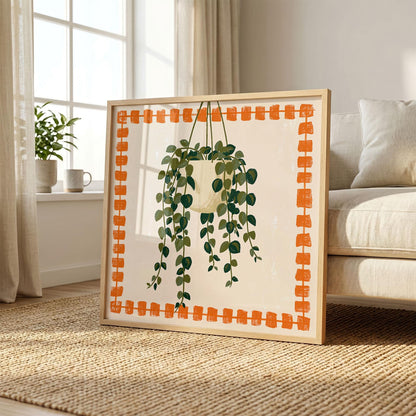 Hanging Plant Print, Retro Botanical Wall Art, Orange and Green Houseplant Poster