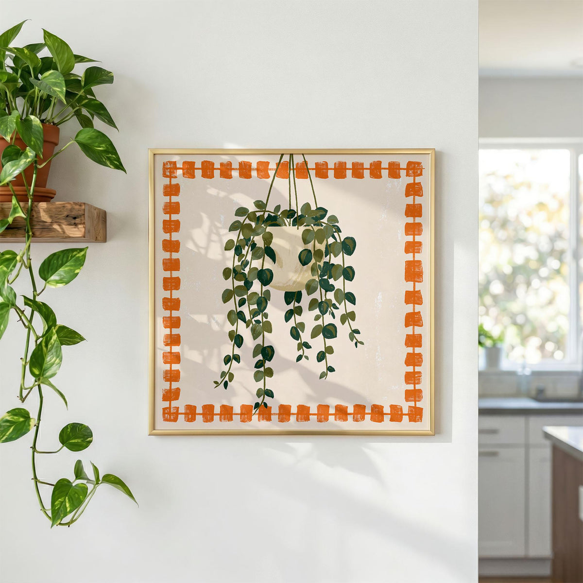 Hanging Plant Print, Retro Botanical Wall Art, Orange and Green Houseplant Poster