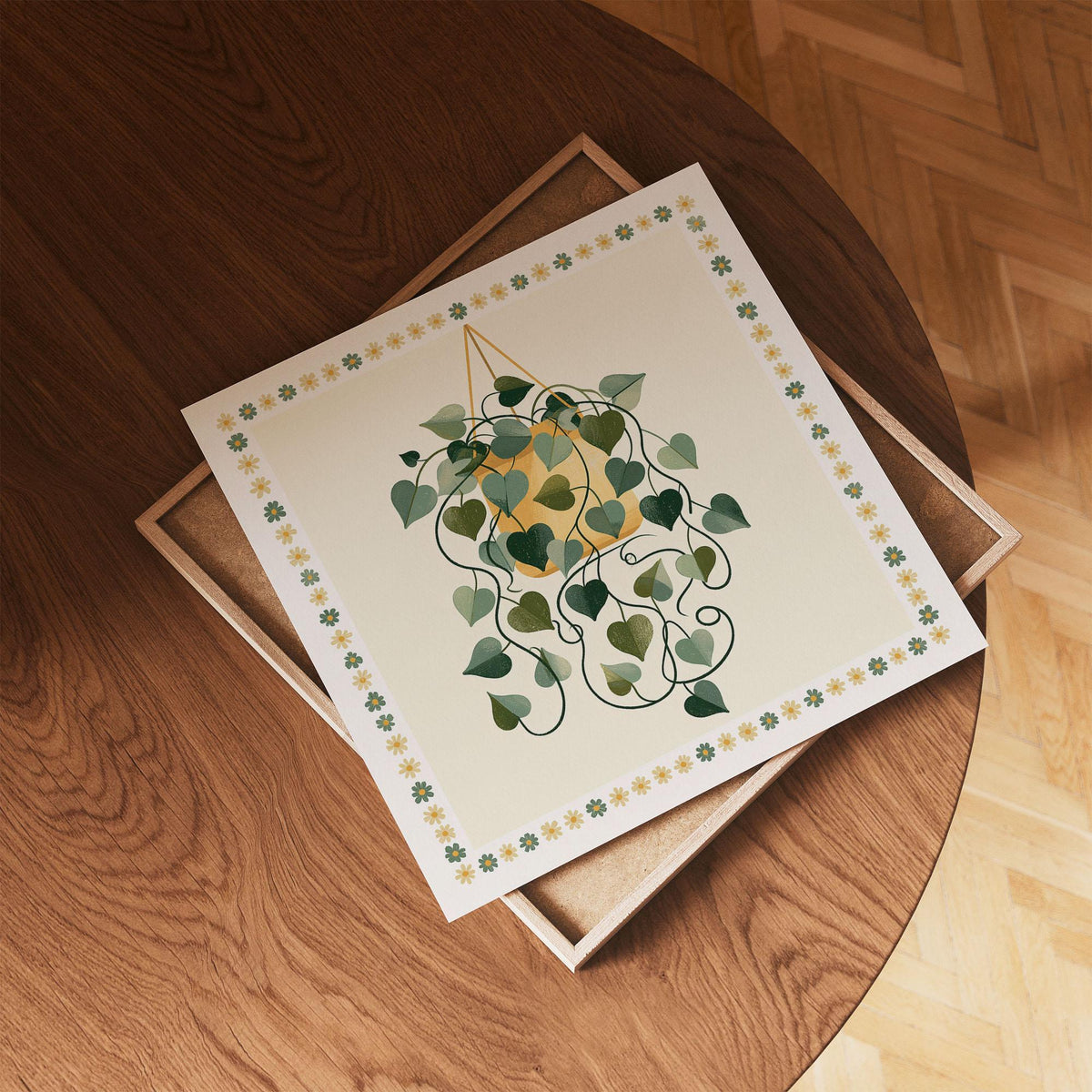 Hanging Plant Print, Retro Botanical Wall Art, Mustard Yellow and Green Houseplant Poster