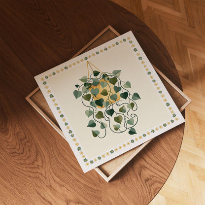 Hanging Plant Print, Retro Botanical Wall Art, Mustard Yellow and Green Houseplant Poster