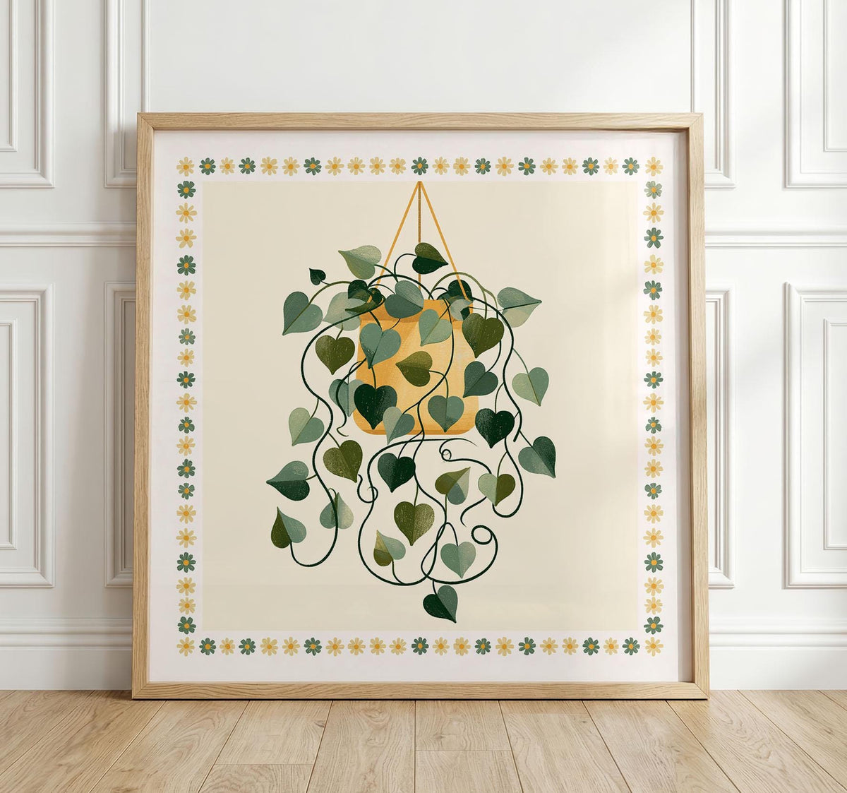 Hanging Plant Print, Retro Botanical Wall Art, Mustard Yellow and Green Houseplant Poster