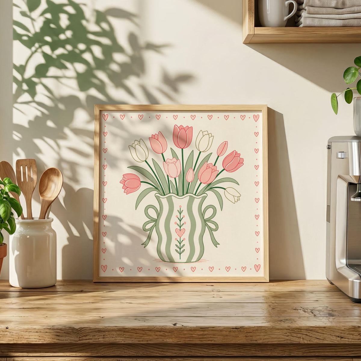 Pink Tulip Bouquet Print, Sage Green Floral Wall Art, Whimsical Striped Vase Poster
