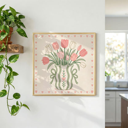 Pink Tulip Bouquet Print, Sage Green Floral Wall Art, Whimsical Striped Vase Poster